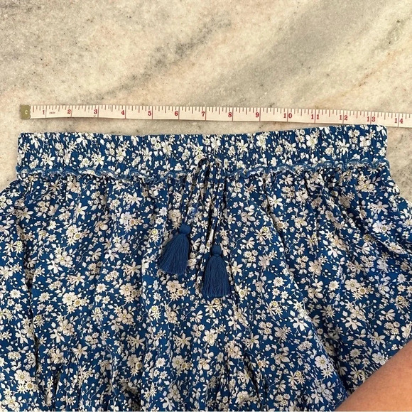 Aakaa Blue Ruffled White Floral Mini Skirt Drawstring Tassels Size Small - Picture 5 of 9